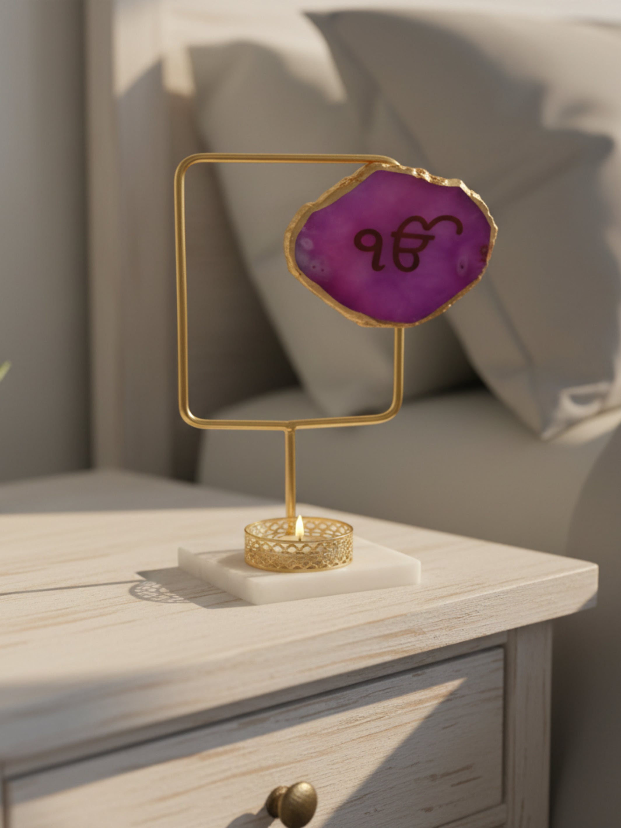 Agate Ik Onkar Rectangular Shape Metal Showpiece- Pink