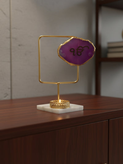 Agate Ik Onkar Rectangular Shape Metal Showpiece- Pink