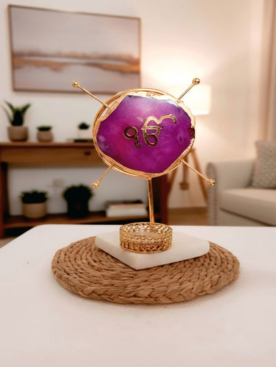 Agate Ik Onkar Round Shape Metal Showpiece- Pink