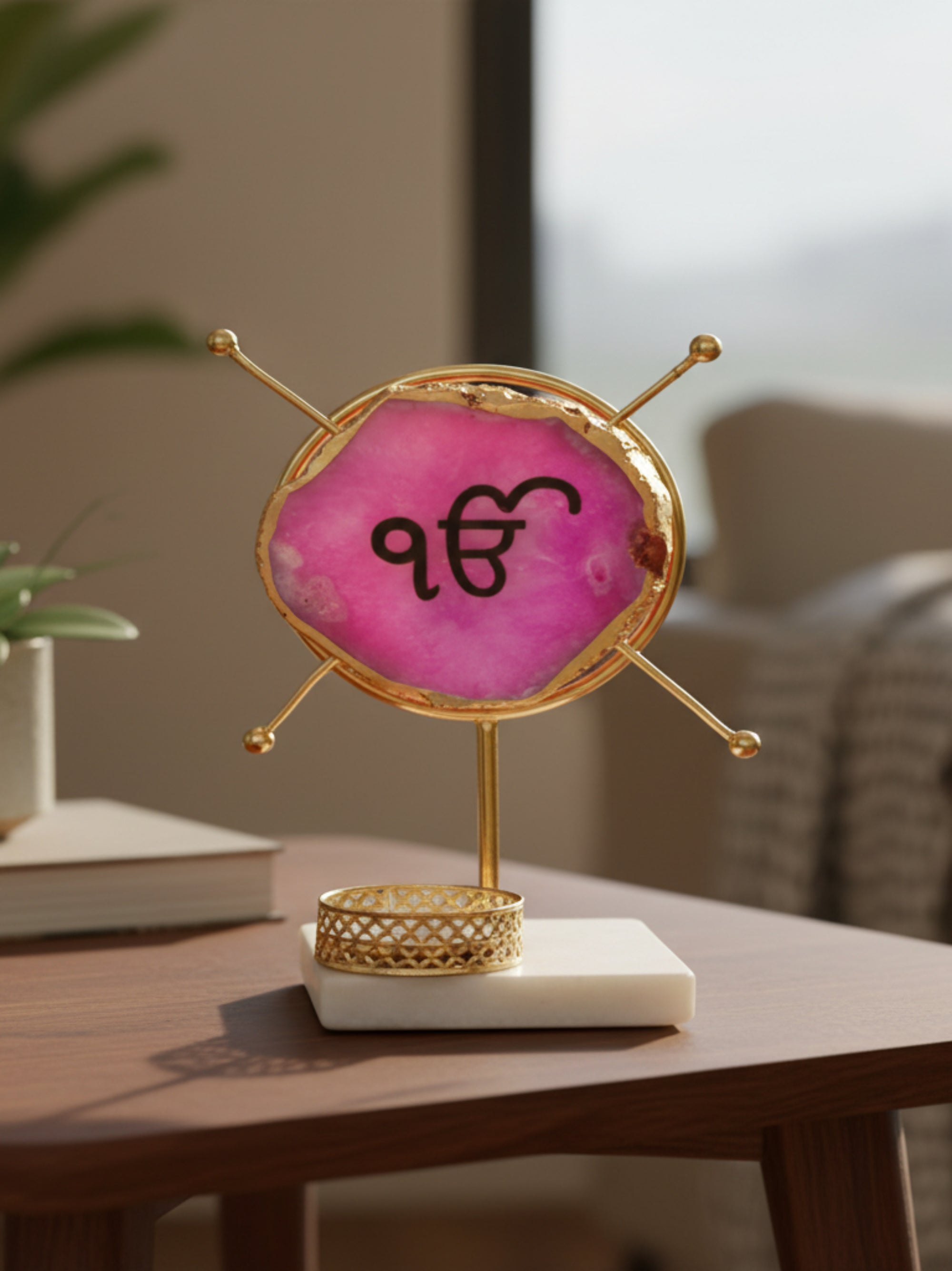 Agate Ik Onkar Round Shape Metal Showpiece- Pink
