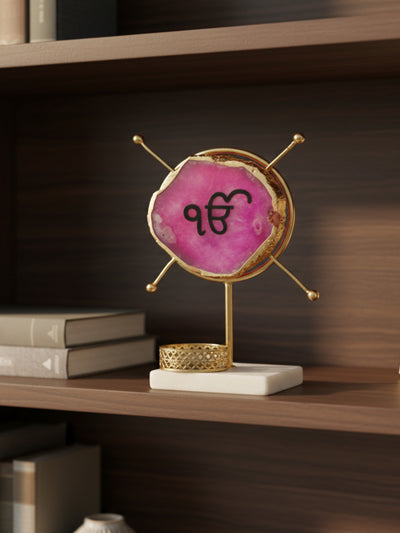 Agate Ik Onkar Round Shape Metal Showpiece- Pink