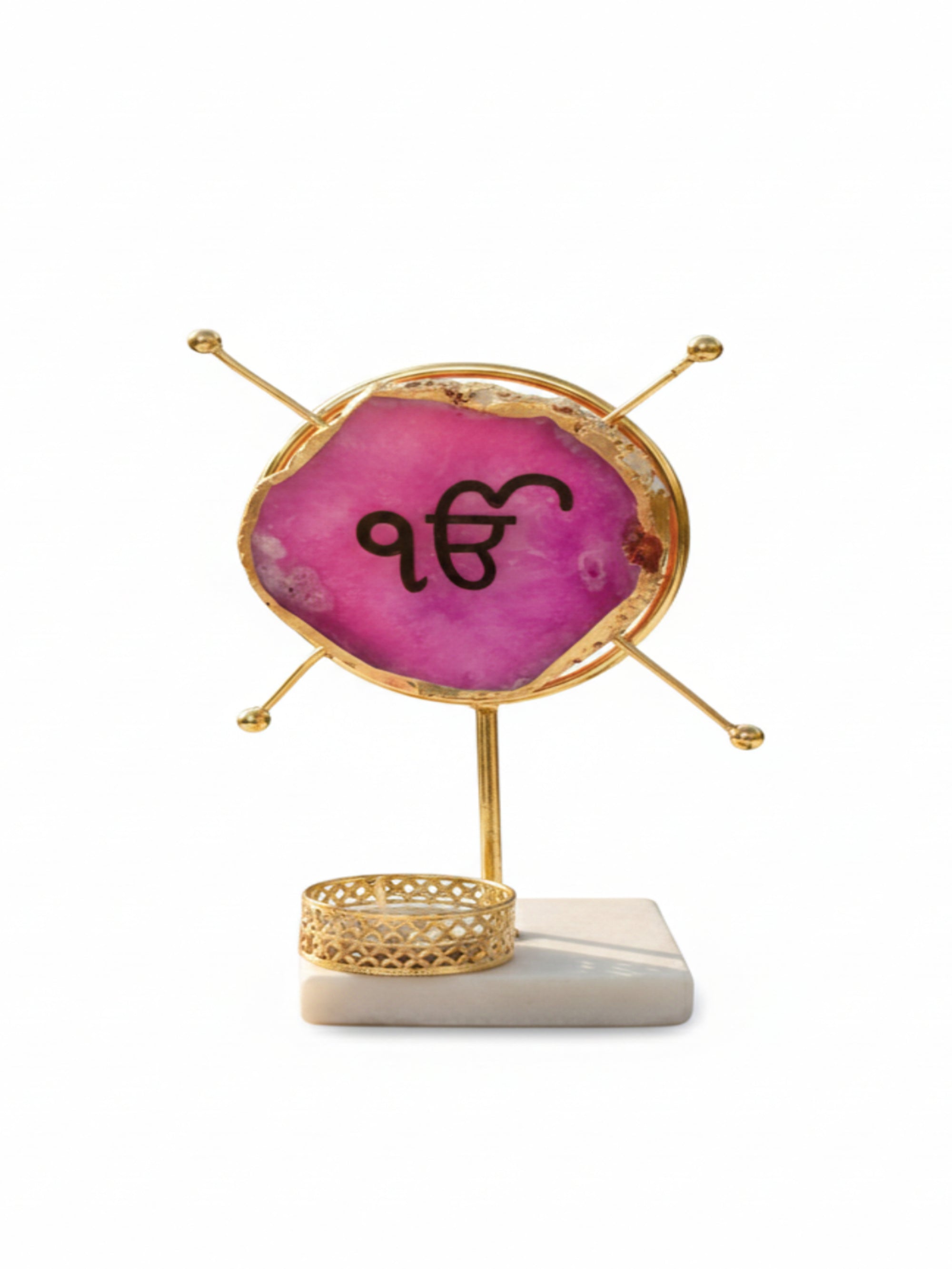 Agate Ik Onkar Round Shape Metal Showpiece- Pink