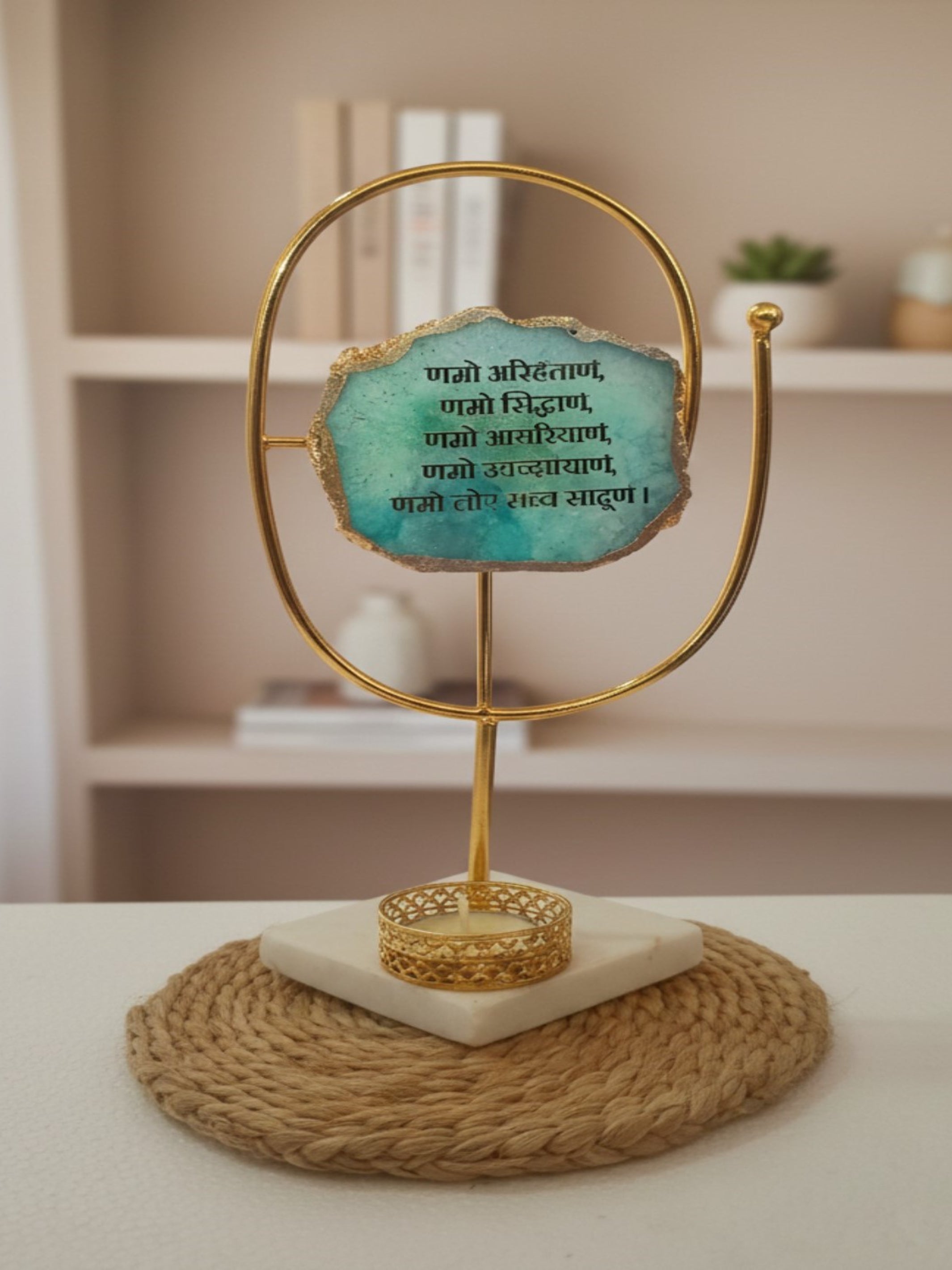 Agate Namokar Mantra Oval Shape Metal Showpiece- Turquoise - Product Image 