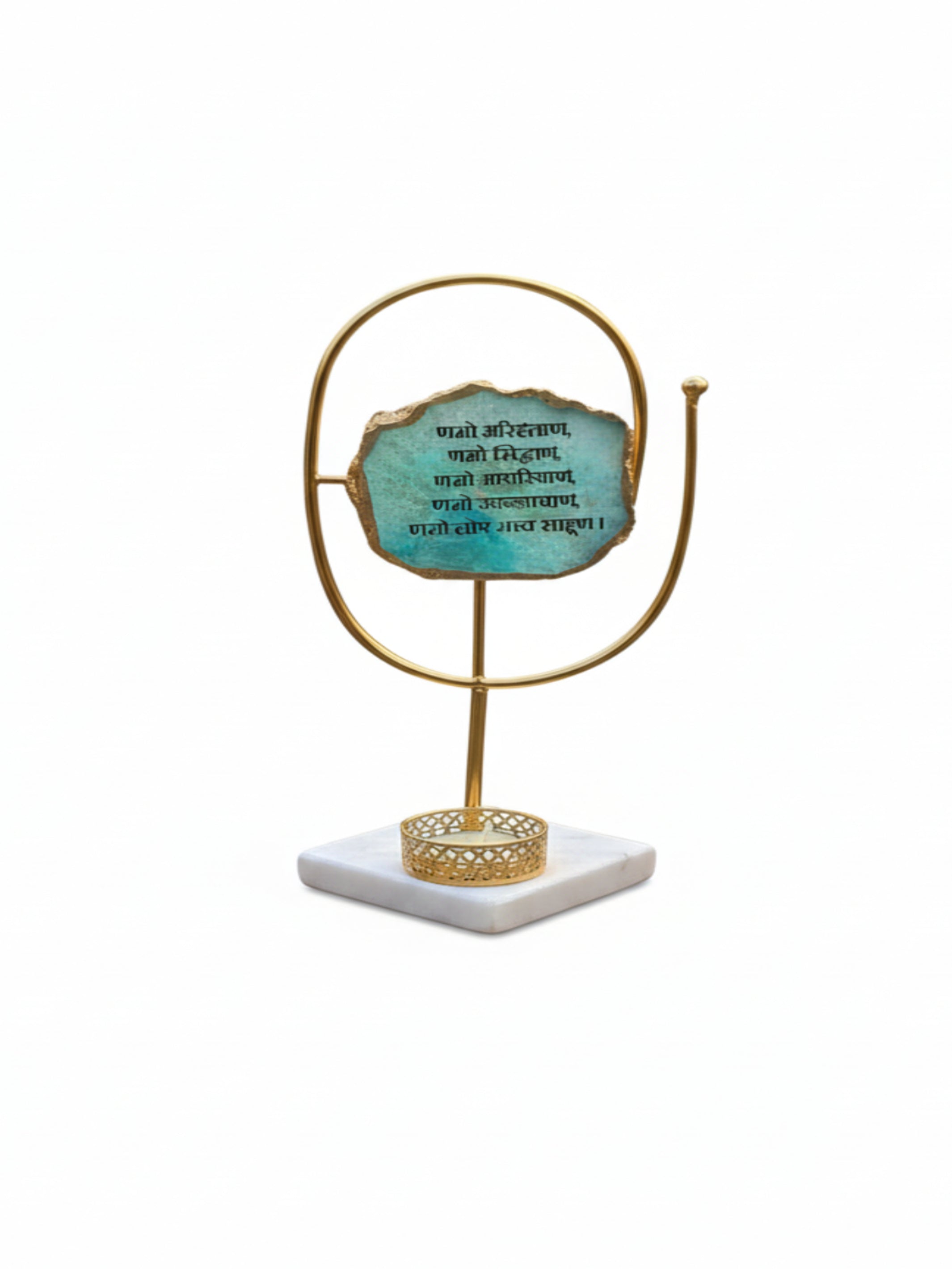 Agate Namokar Mantra Oval Shape Metal Showpiece- Turquoise