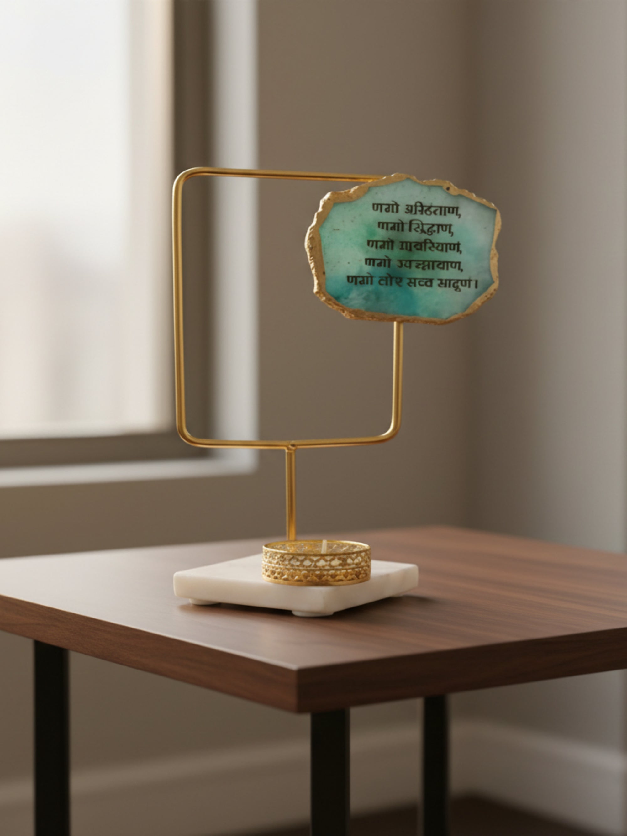 Agate Namokar Mantra Rectangular Shape Metal Showpiece- Turquoise