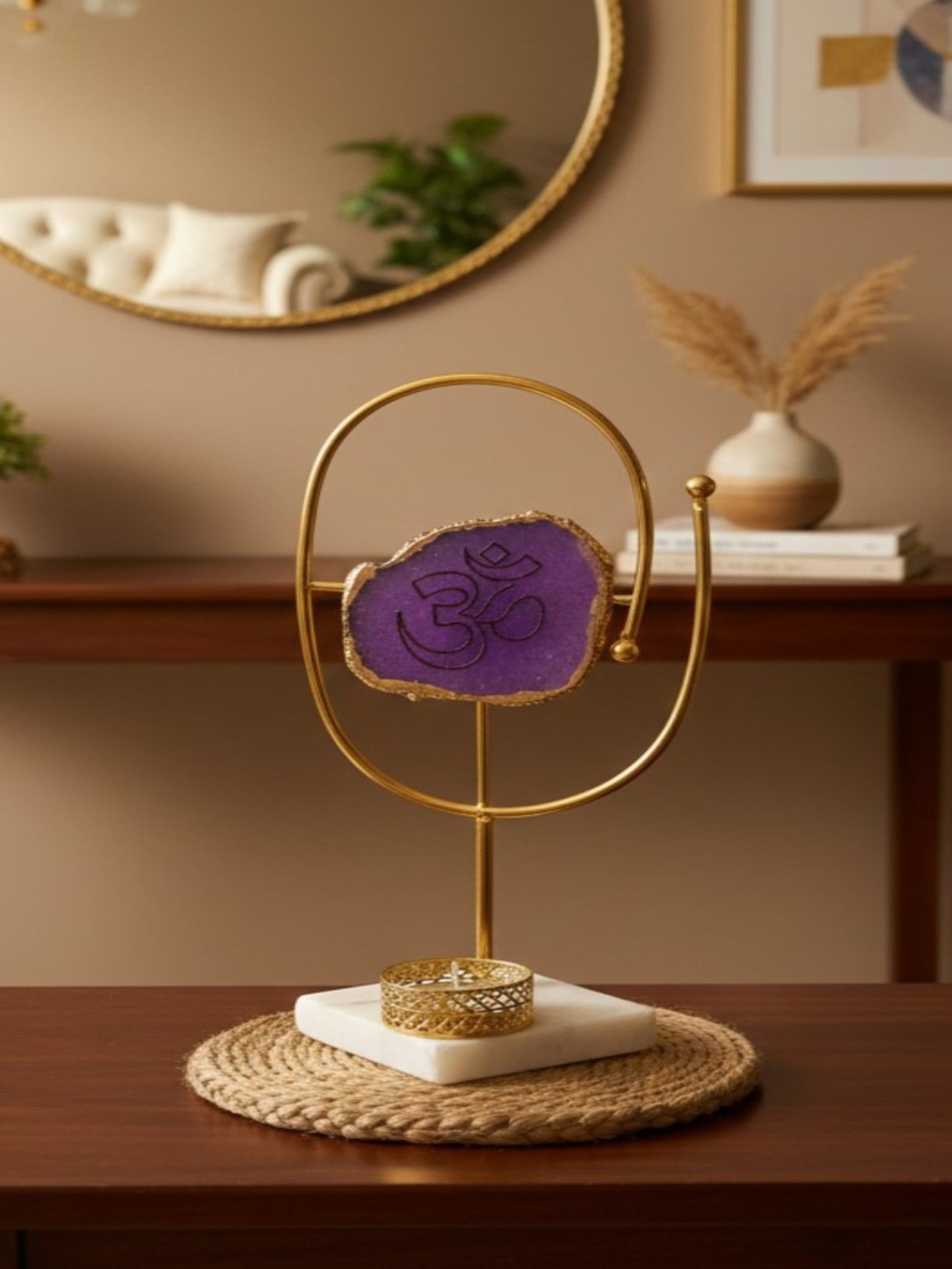 Agate OM Oval Shape Metal Showpiece- Purple