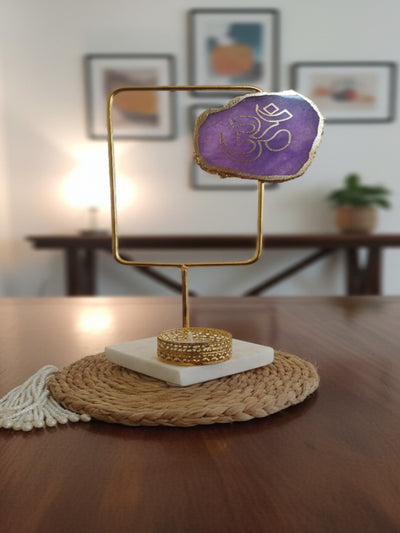 Agate OM Rectangular Shape Metal Showpiece- Purple