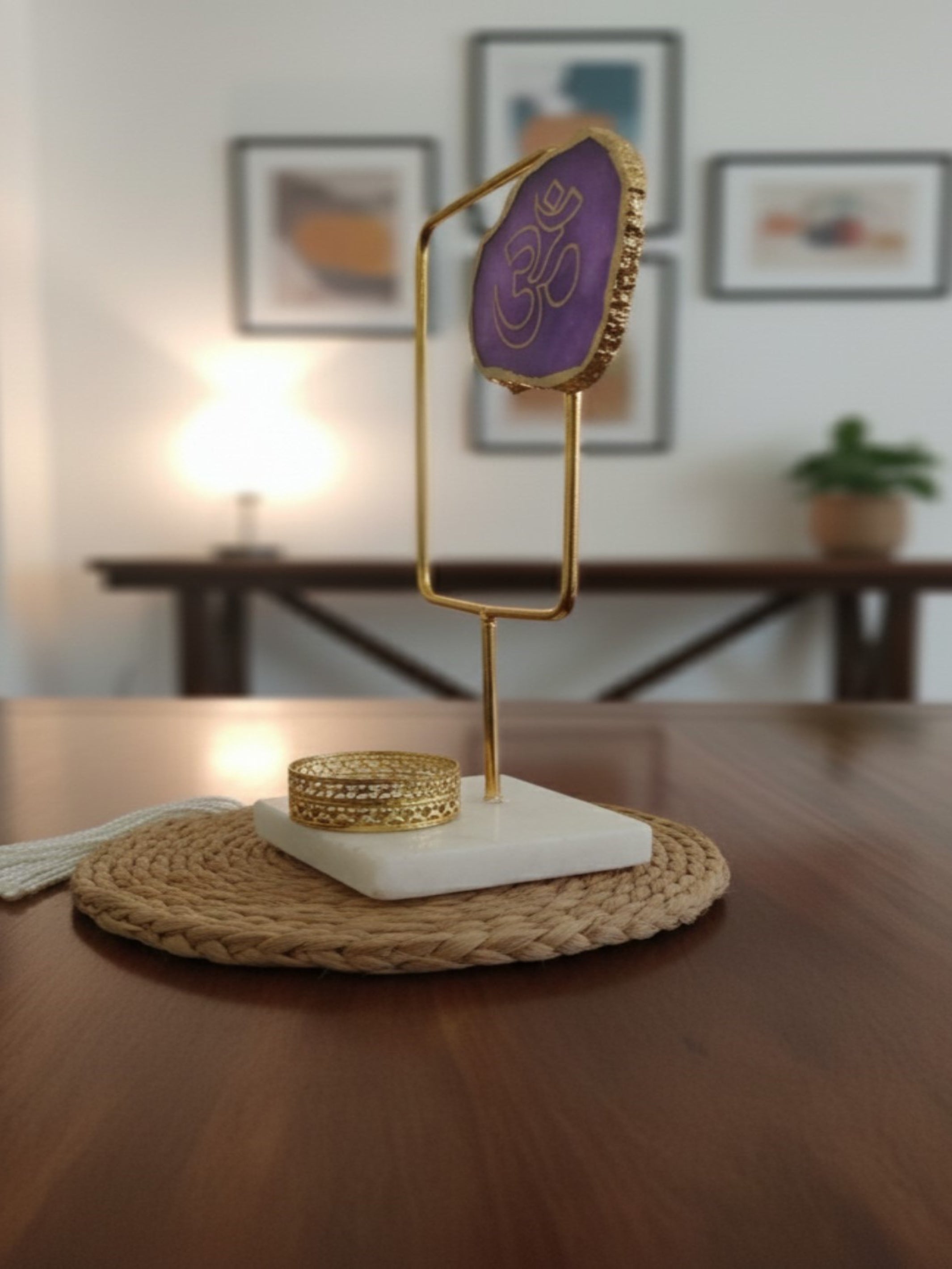 Agate OM Rectangular Shape Metal Showpiece- Purple