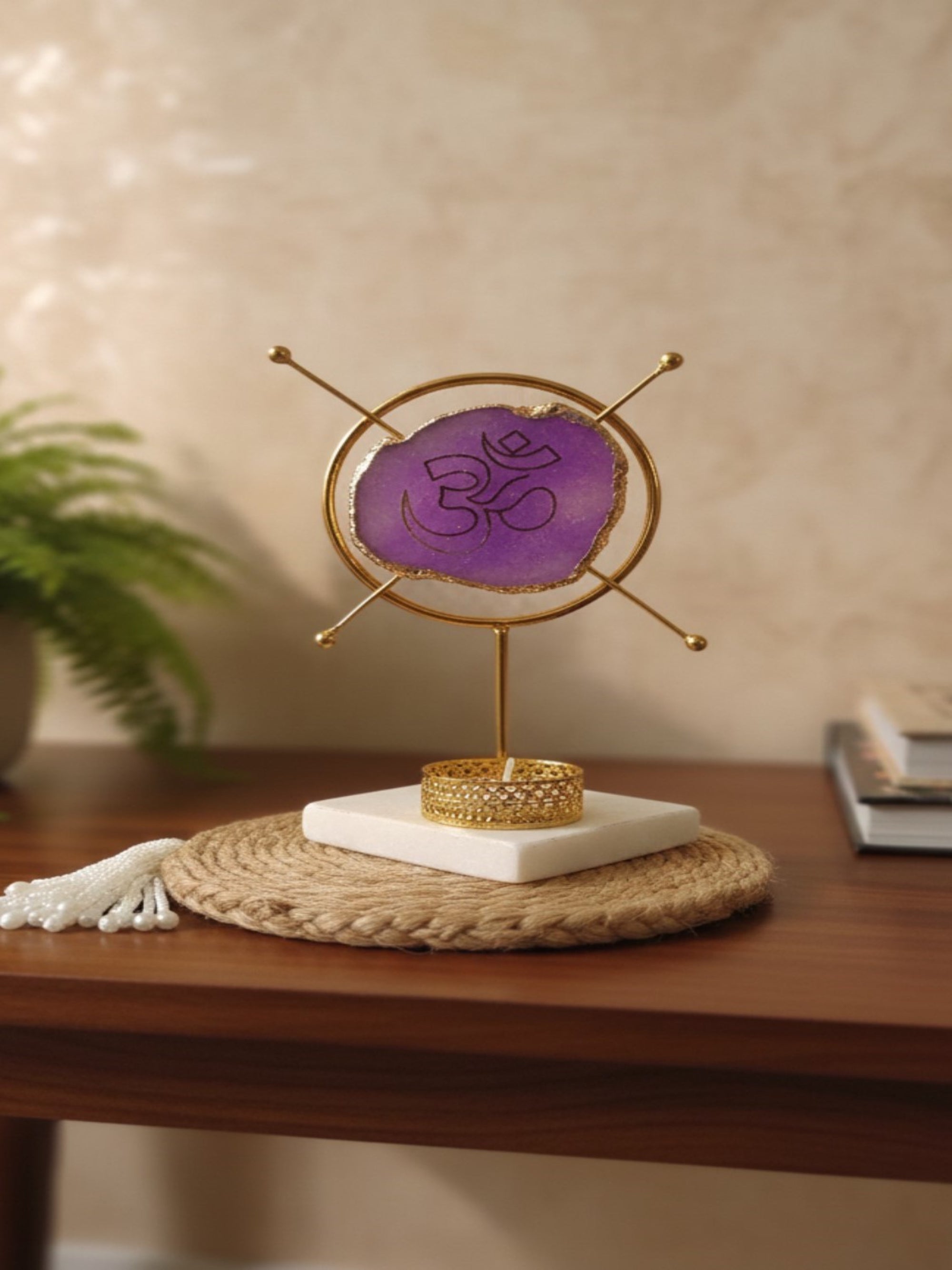 Agate OM Round Shape Metal Showpiece- Purple