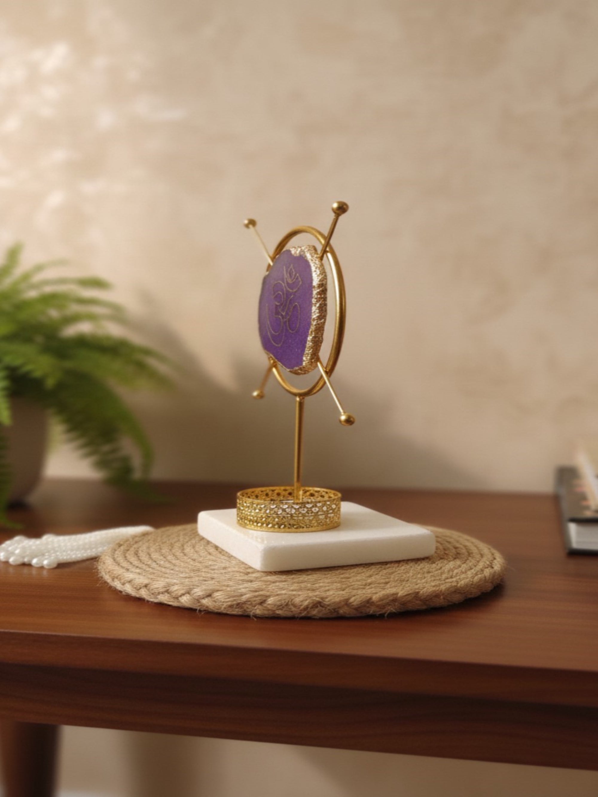 Agate OM Round Shape Metal Showpiece- Purple