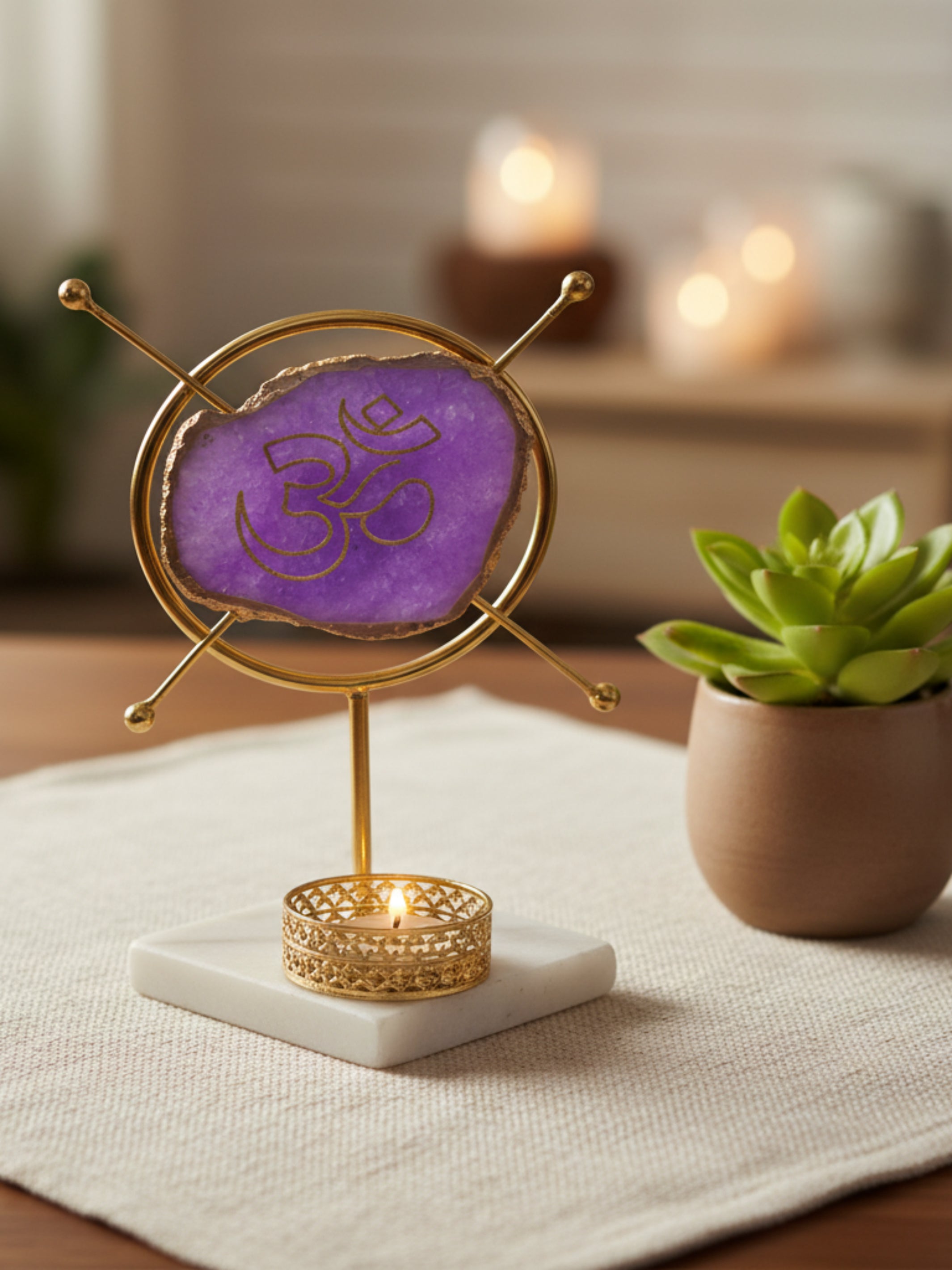 Agate OM Round Shape Metal Showpiece- Purple - Product Image 