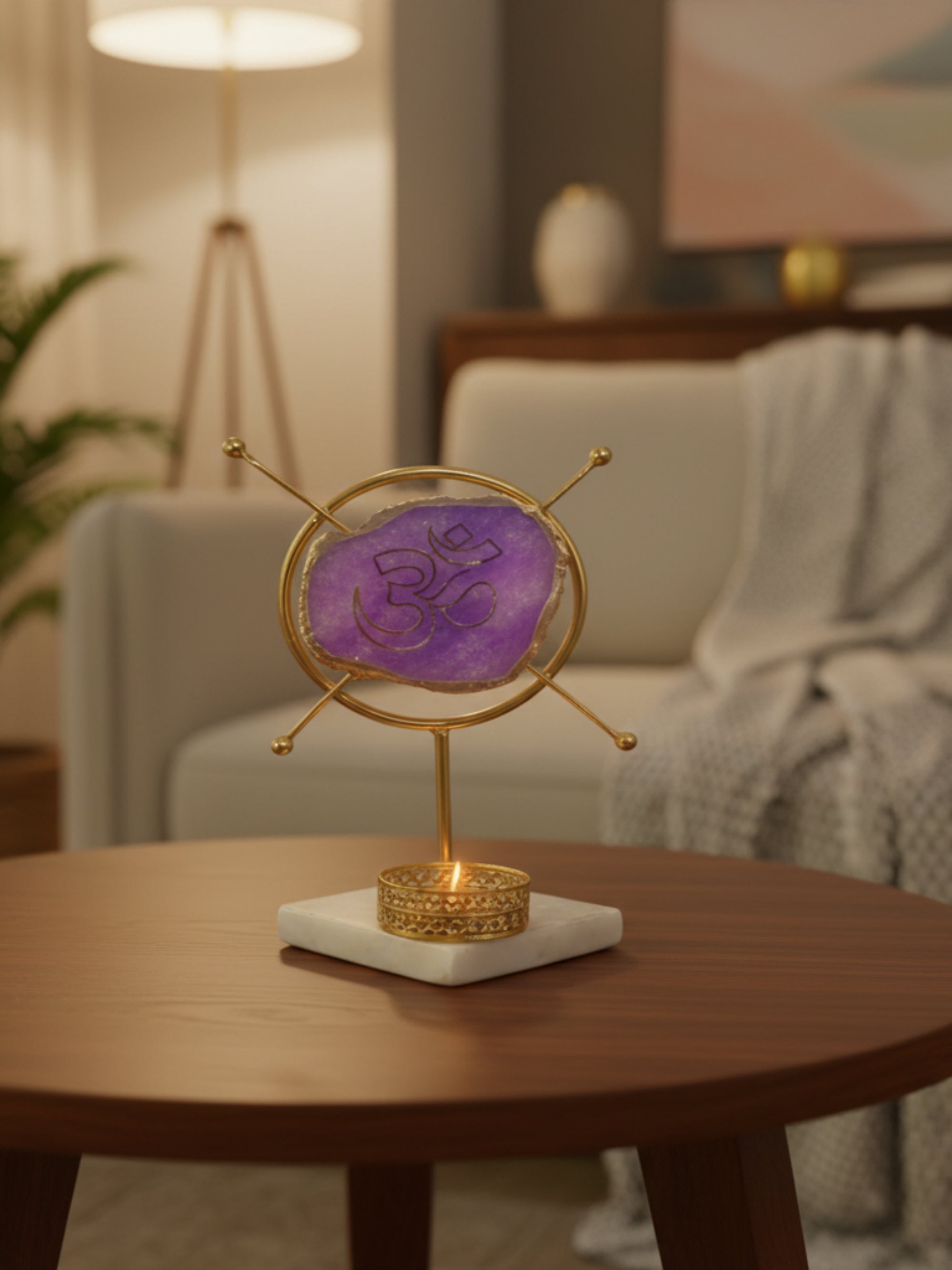 Agate OM Round Shape Metal Showpiece- Purple