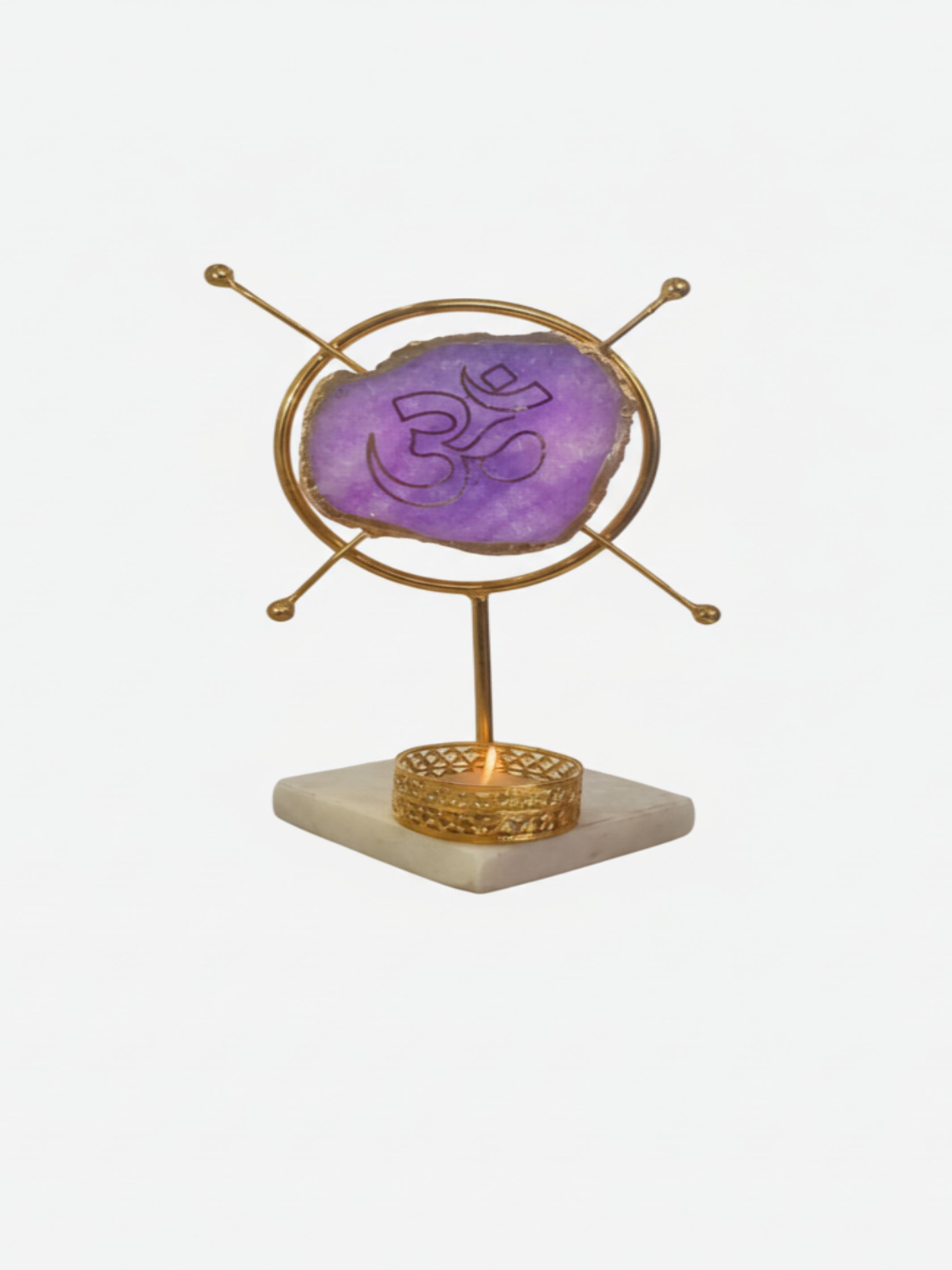 Agate OM Round Shape Metal Showpiece- Purple