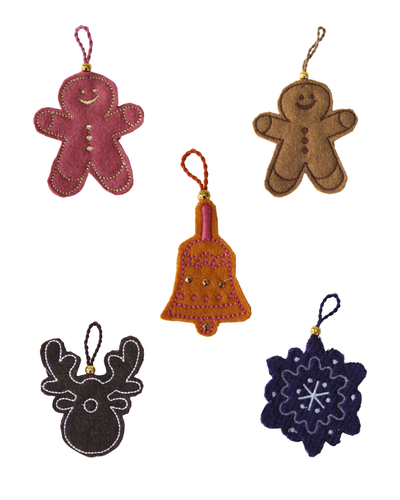 Christmas Fabric Gift Wraps and 3D charms - Set of 5