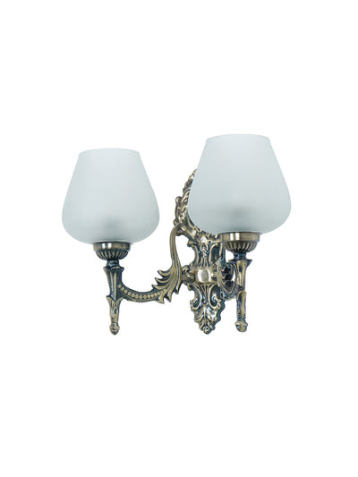 Antique Brass 11 Inch 2-Light Steel Wall Lamp With Plain Frosted Goblet Glass Shades