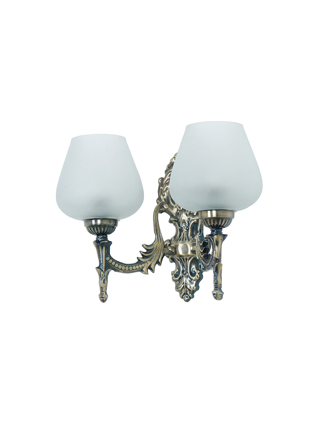 Antique Brass 11 Inch 2-Light Steel Wall Lamp With Tapered Frosted Glass Shades