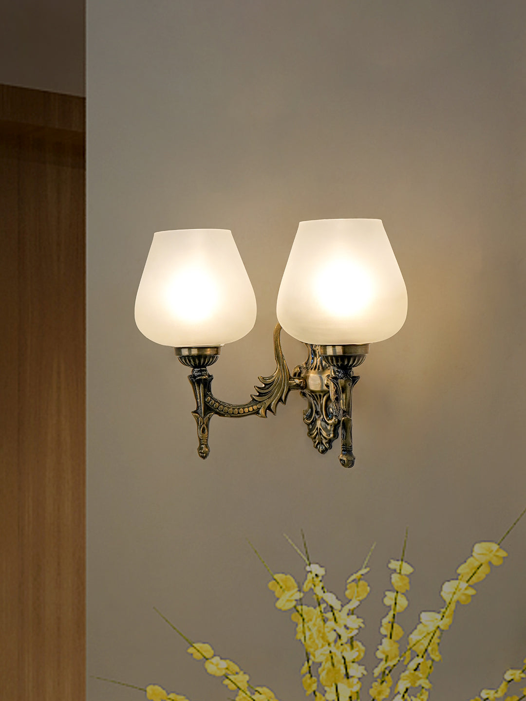 Antique Brass 11 Inch 2-Light Steel Wall Lamp With Plain Frosted Goblet Glass Shades