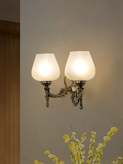 Antique Brass 11 Inch 2-Light Steel Wall Lamp With Plain Frosted Goblet Glass Shades
