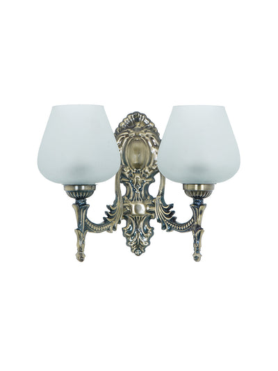 Antique Brass 11 Inch 2-Light Steel Wall Lamp With Tapered Frosted Glass Shades