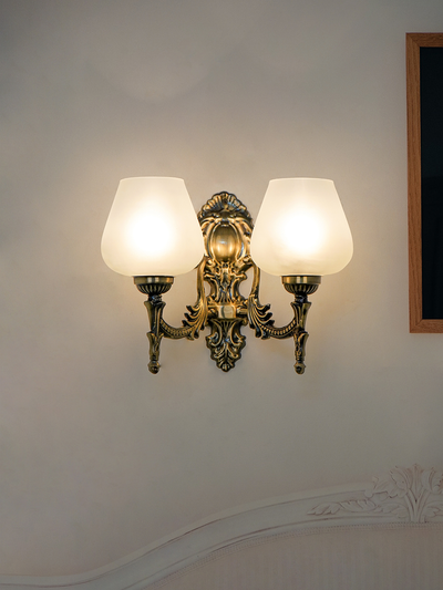 Antique Brass 11 Inch 2-Light Steel Wall Lamp With Plain Frosted Goblet Glass Shades