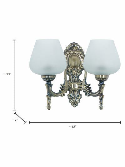 Antique Brass 11 Inch 2-Light Steel Wall Lamp With Tapered Frosted Glass Shades