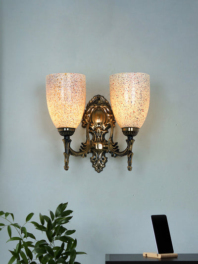 Antique Brass 12 Inch 2-Light Steel Wall Lamp With Multicolor Bell Glass Shades