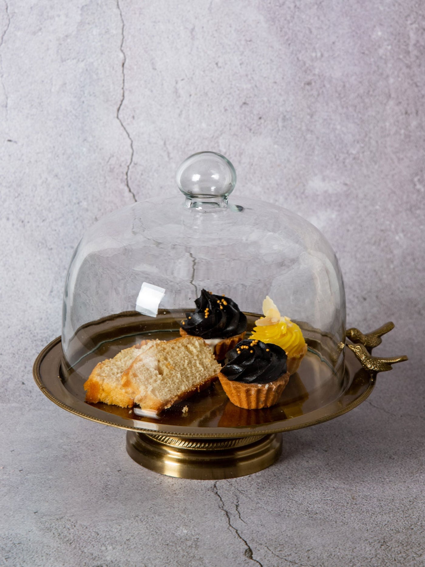 Cake Stand with Glass Cloche -Metal Birdie