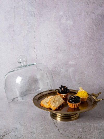 Cake Stand with Glass Cloche -Metal Birdie
