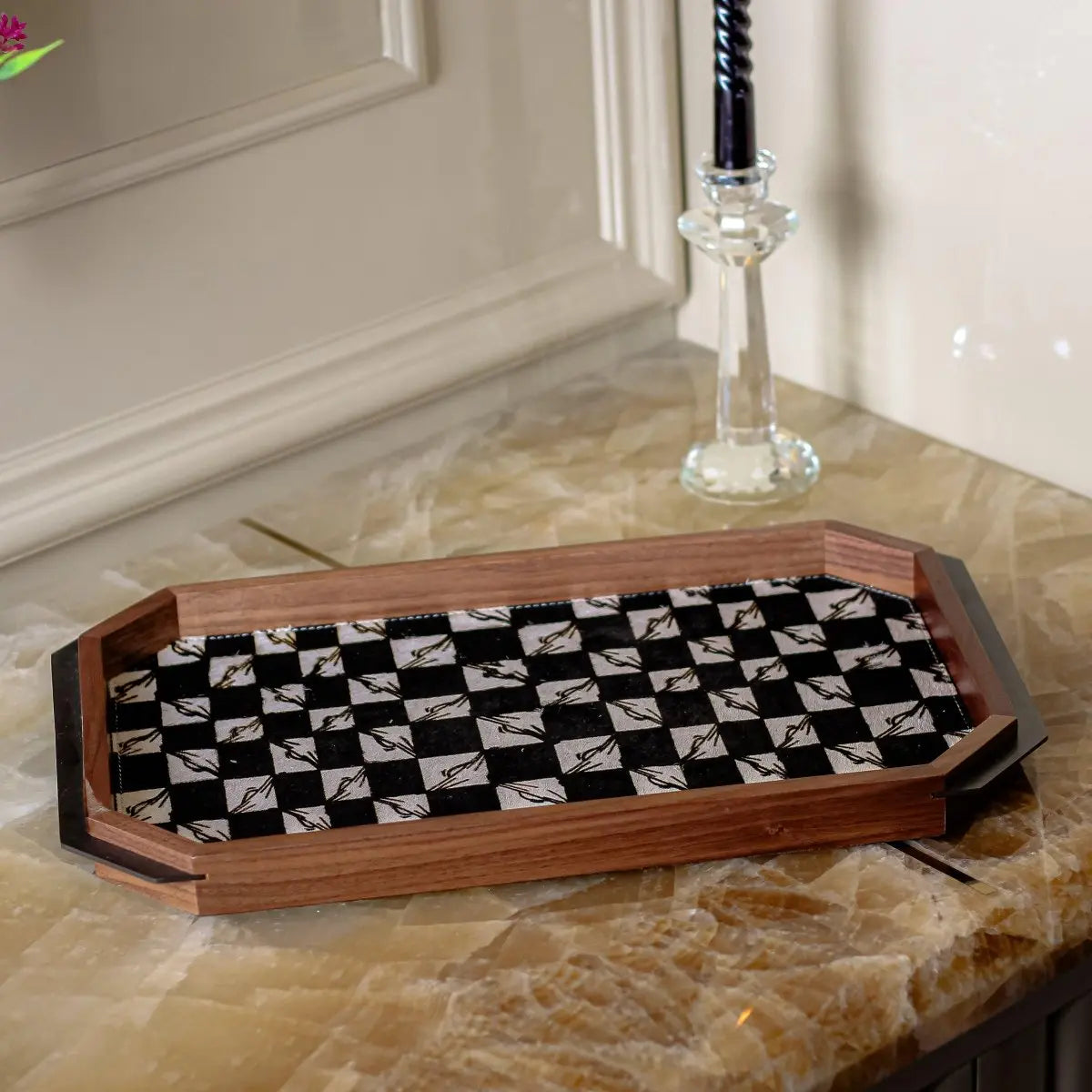 Black And White Checkered Tray - Horse Hair