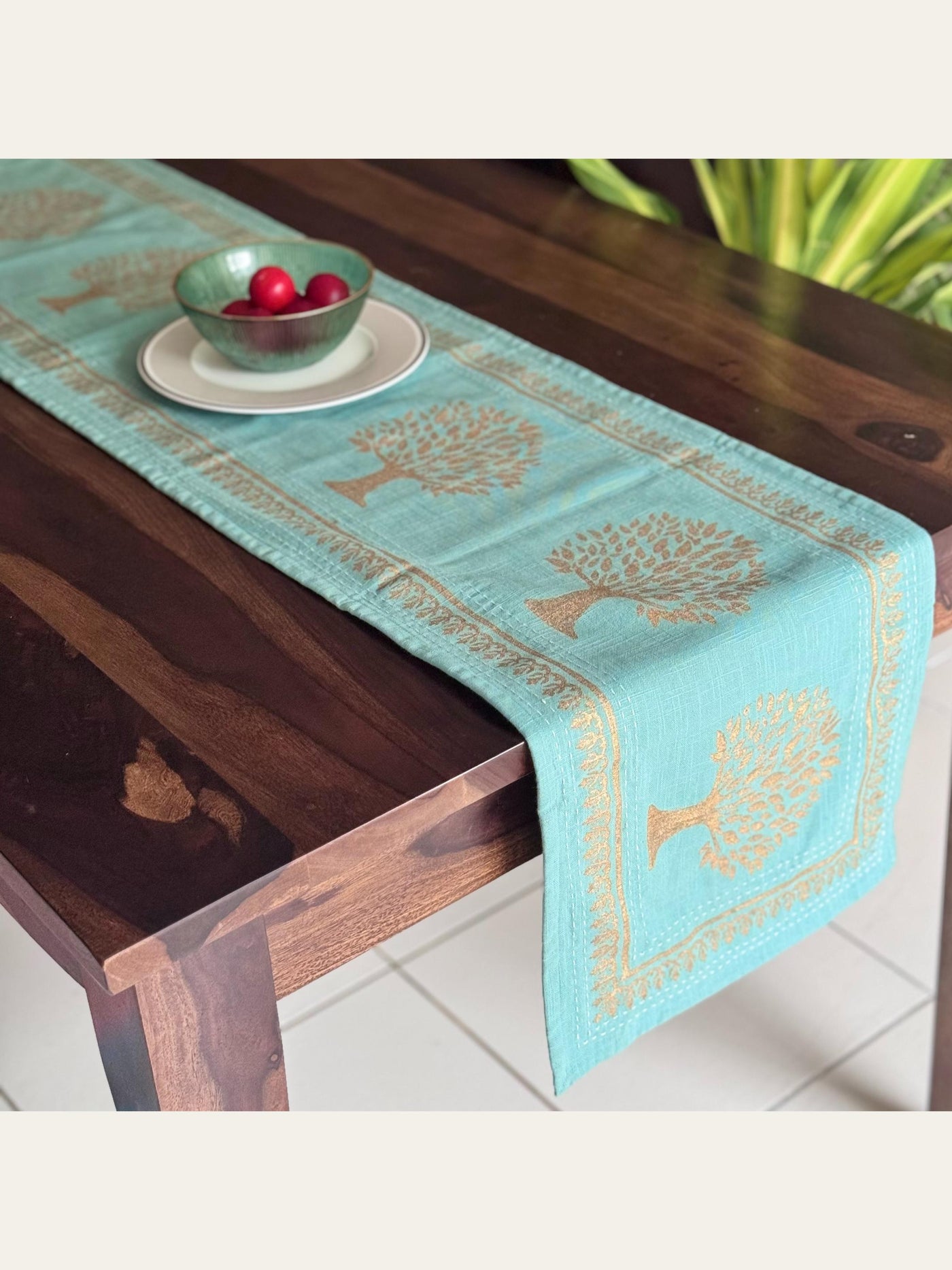 Block Printed Runner Gold & Turquoise