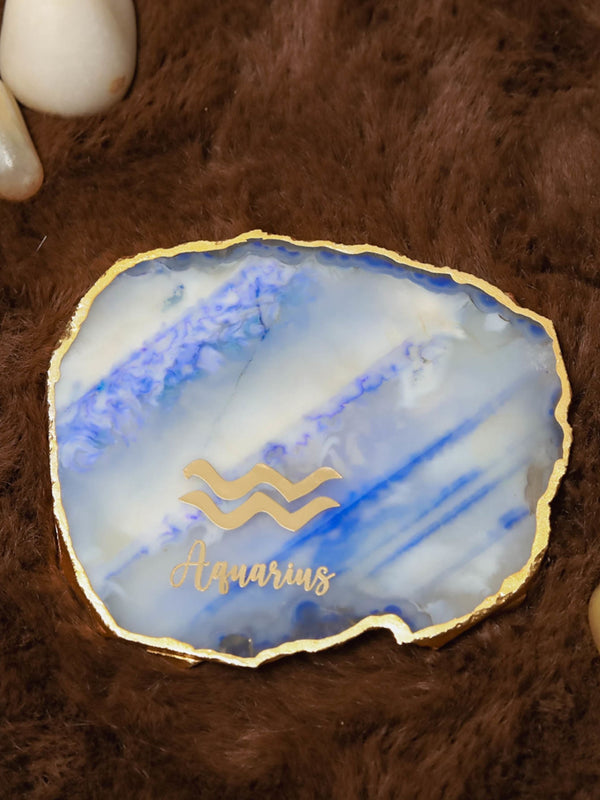 Blue Agate Zodiac Sign Aquarius Table Coaster