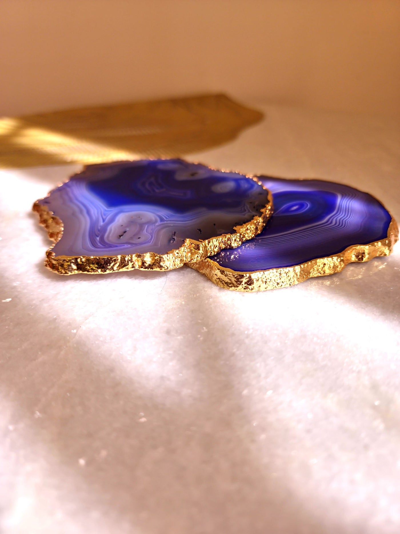 Agate Coaster Set Of 2 - Blue with Gold Plated edge