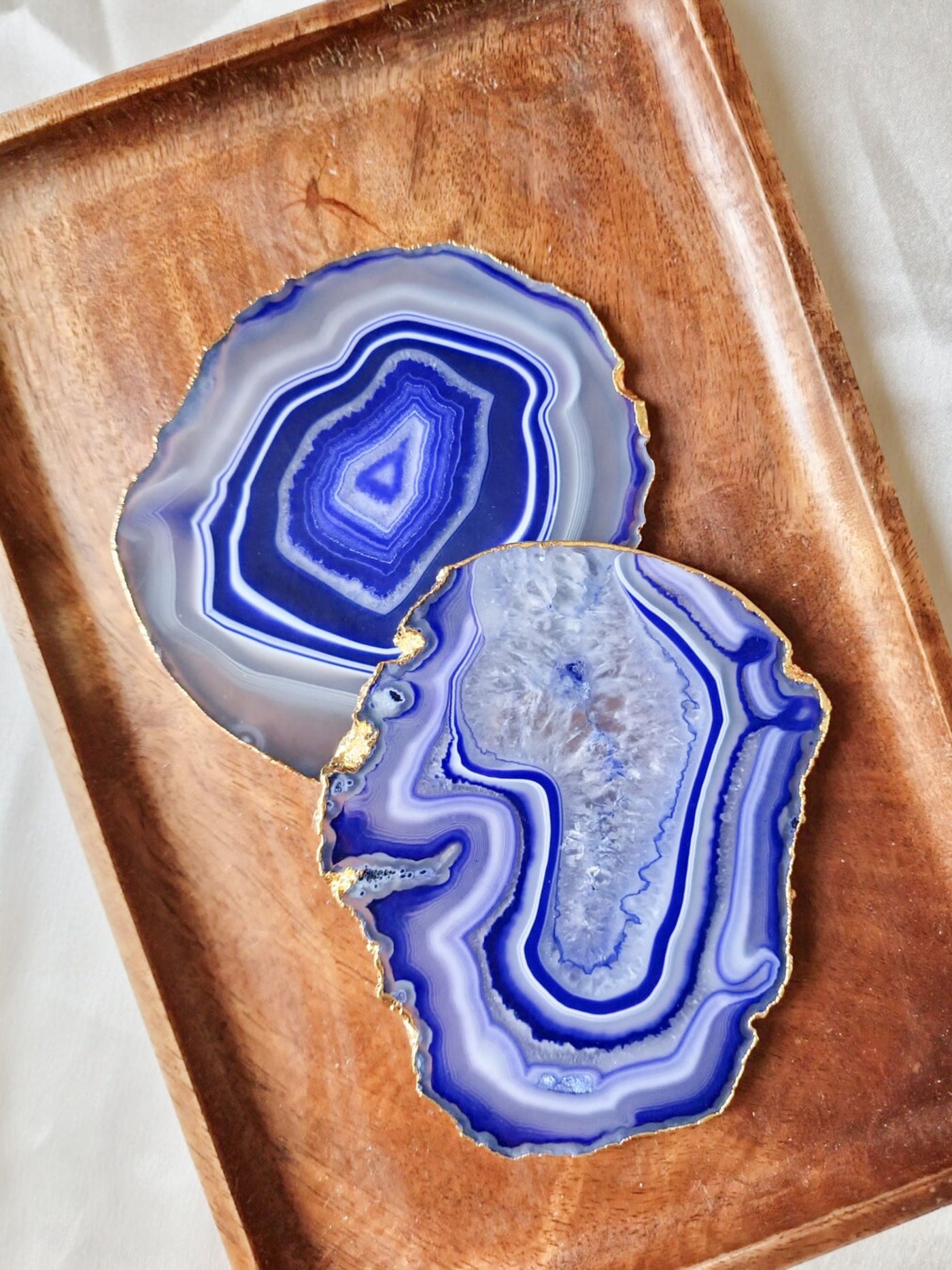 Agate Coaster Set Of 2 - Blue with Gold Plated edge