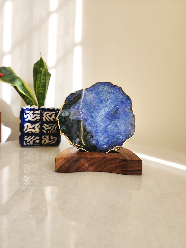 Agate Tealight Holder - Blue Gemstone Gold Plated With Wooden Stand
