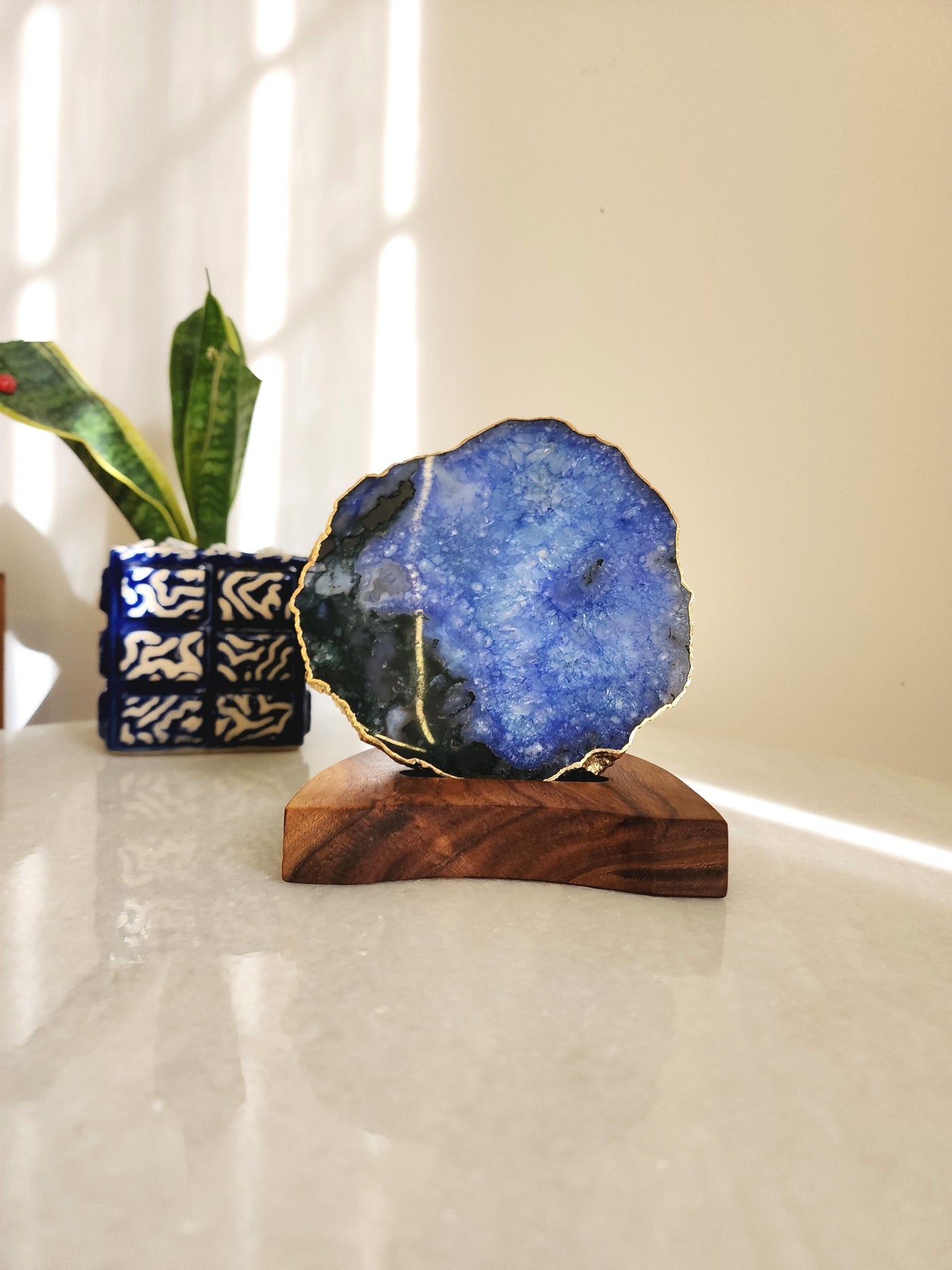 Agate Lamp - Blue Gemstone Gold Plated With Wooden Stand