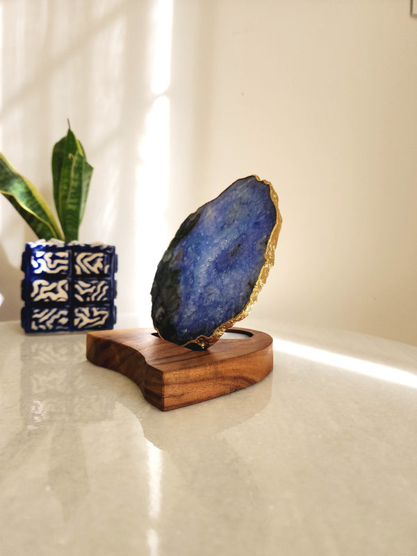 Agate Tealight Holder - Blue Gemstone Gold Plated With Wooden Stand