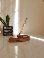 Agate Tealight Holder - Blue Gemstone Gold Plated With Wooden Stand