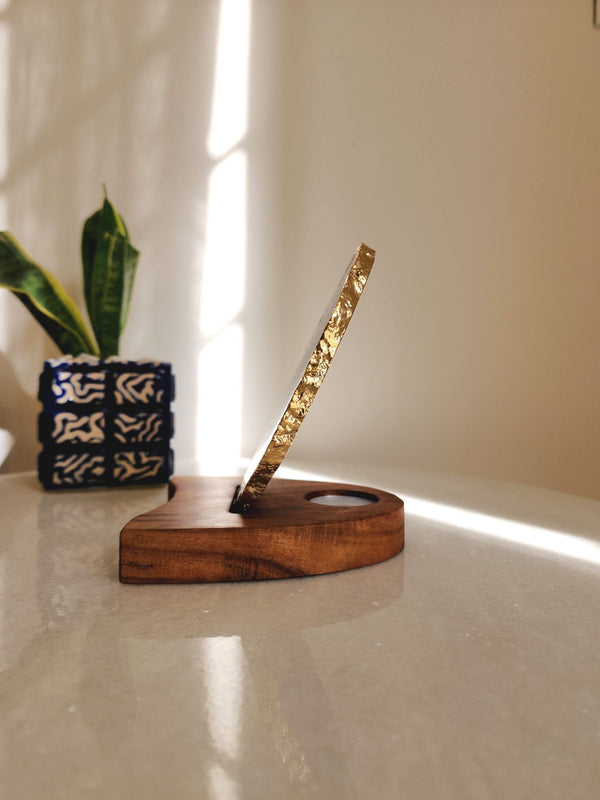 Agate Tealight Holder - Blue Gemstone Gold Plated With Wooden Stand