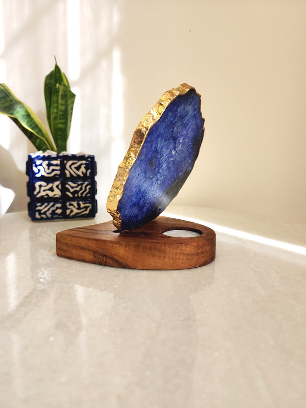 Agate Tealight Holder - Blue Gemstone Gold Plated With Wooden Stand