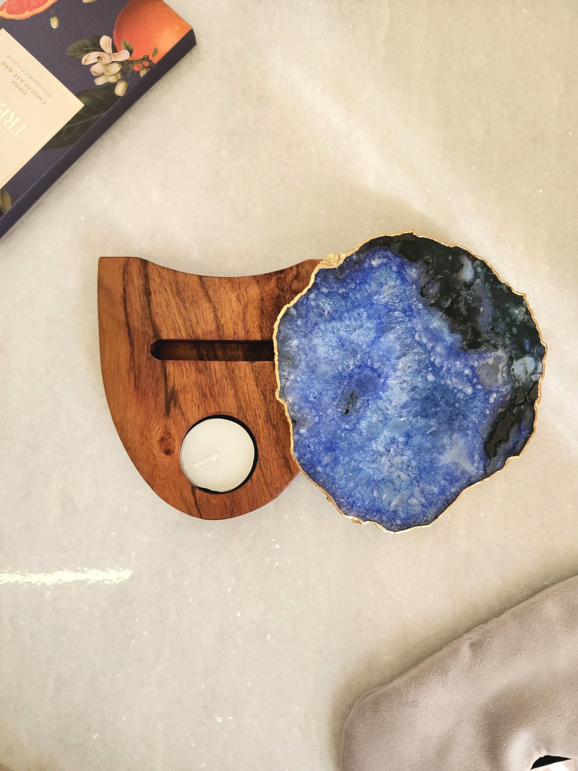 Agate Tealight Holder - Blue Gemstone Gold Plated With Wooden Stand