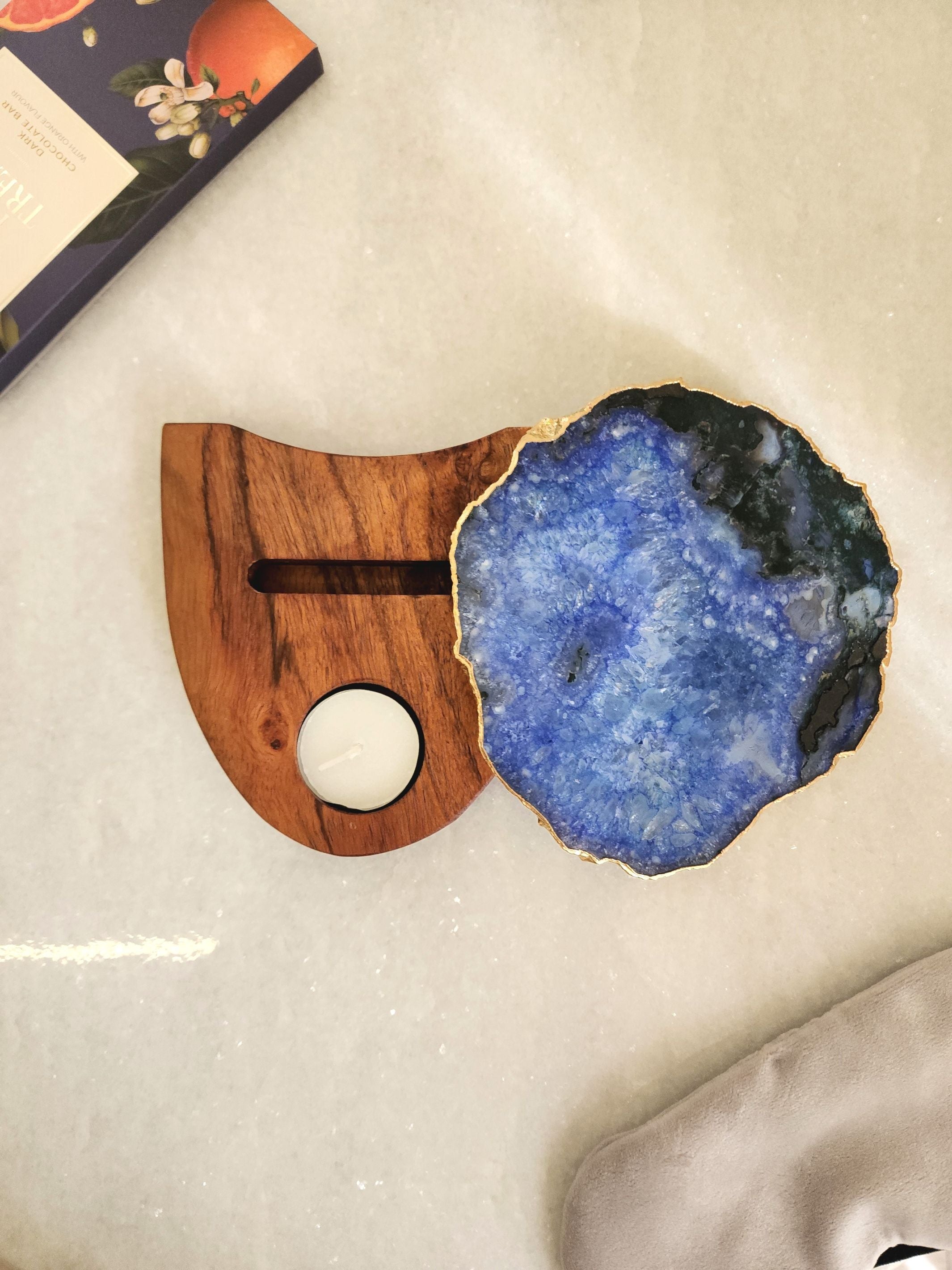 Agate Tealight Holder - Blue Gemstone Gold Plated With Wooden Stand