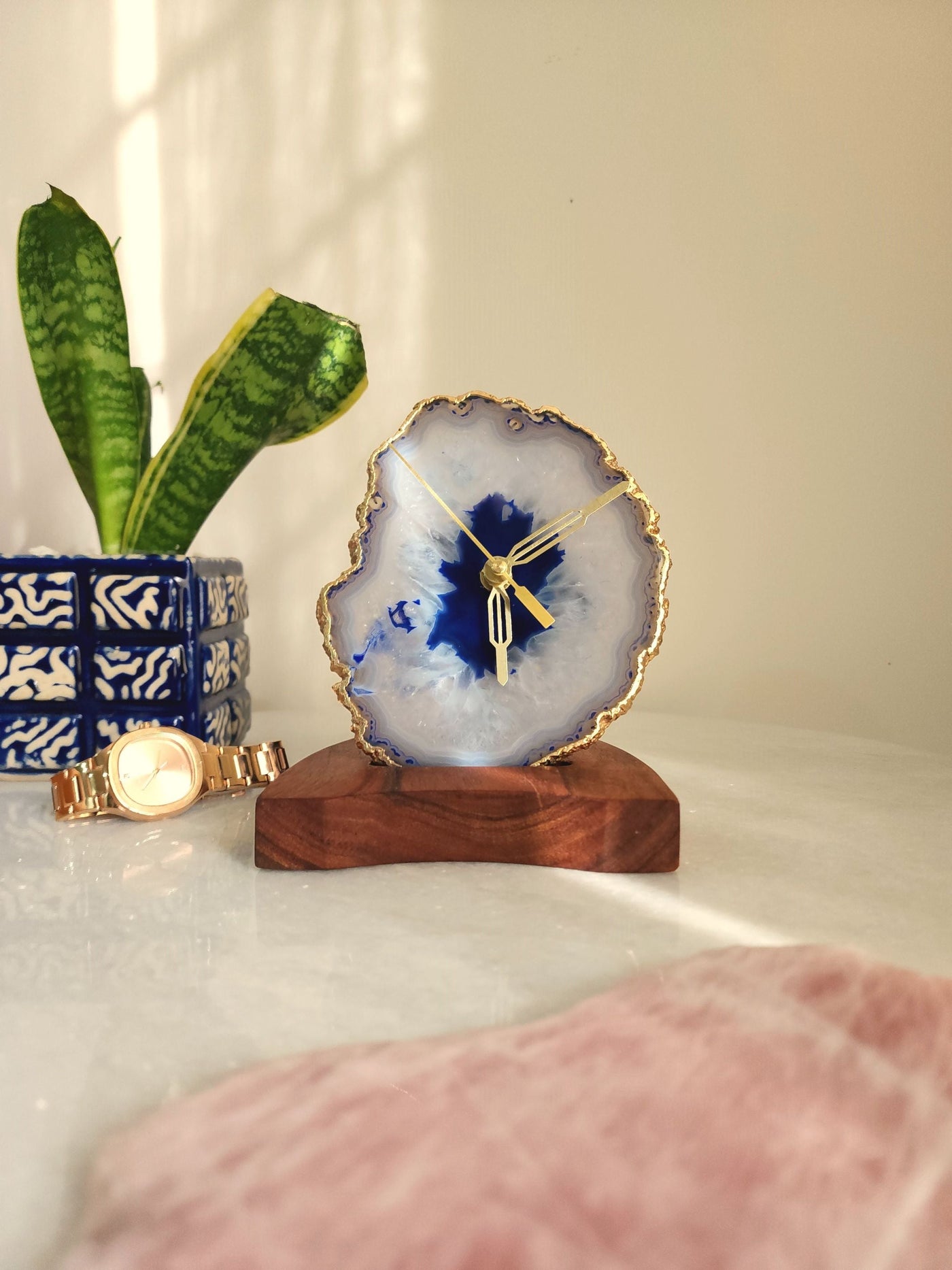 Agate Table Clock - Blue Gemstone Gold Plated