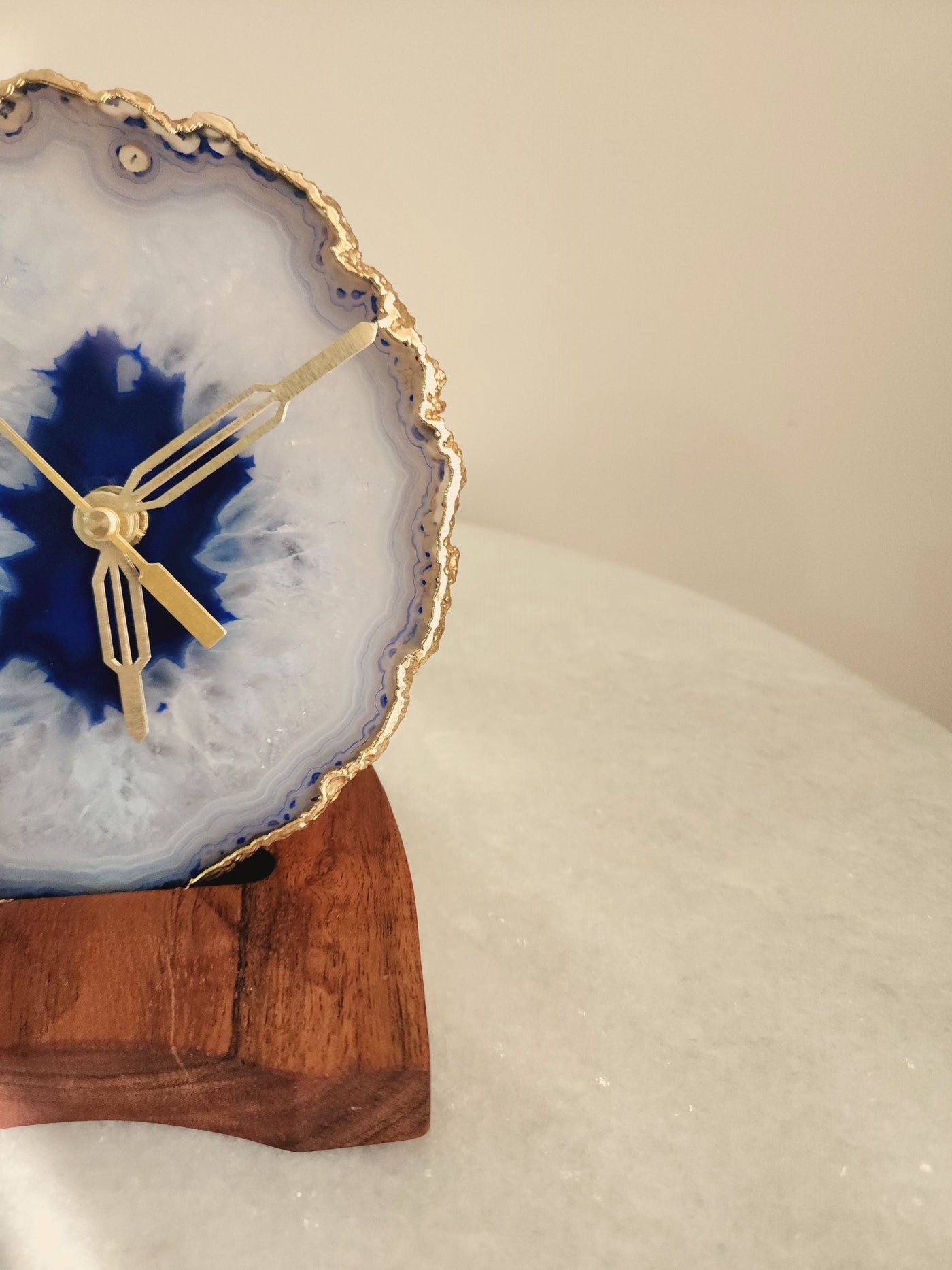Agate Table Clock - Blue Gemstone Gold Plated