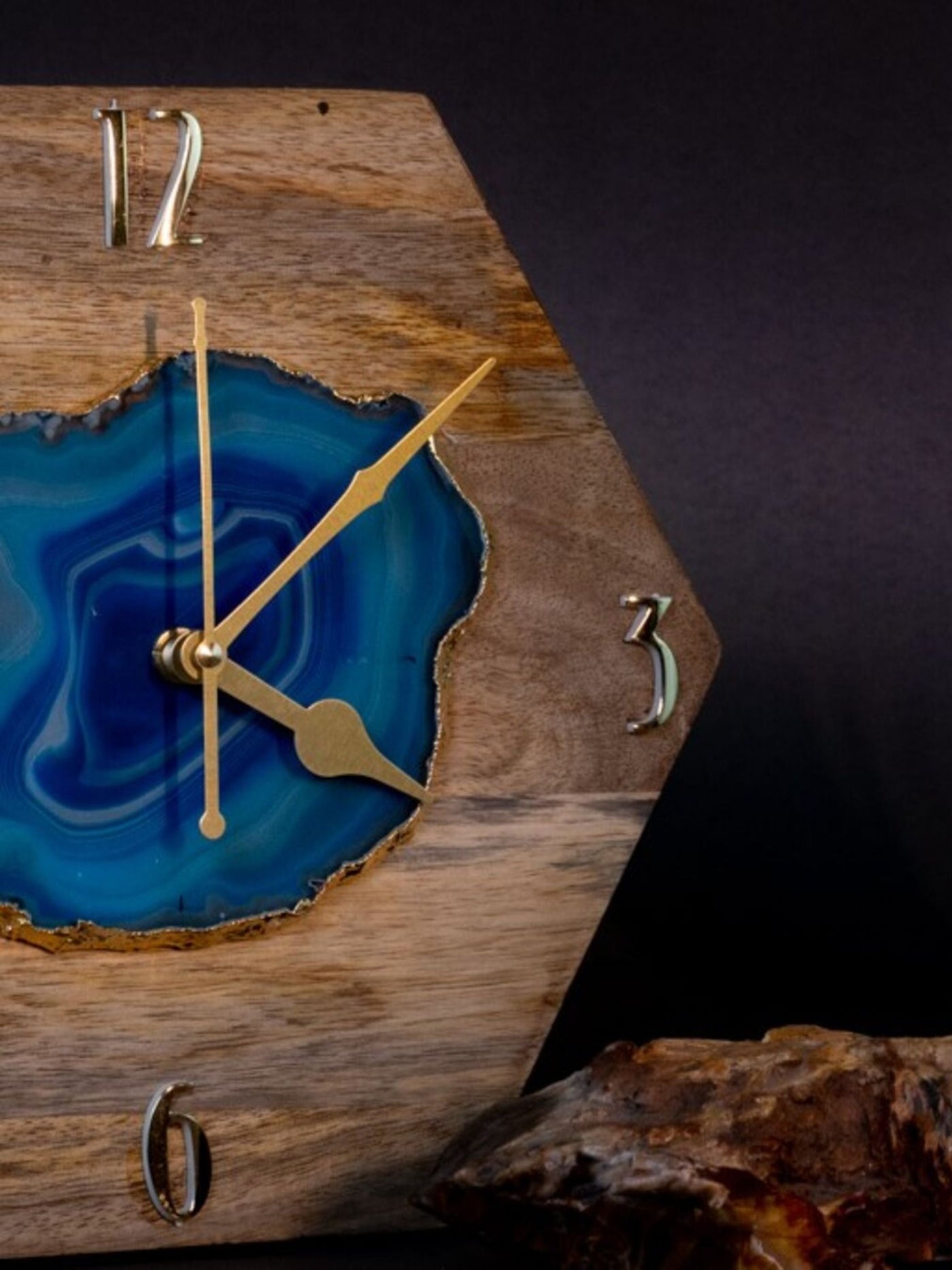 Agate Wall Clock - Blue Gemstone Gold Plated