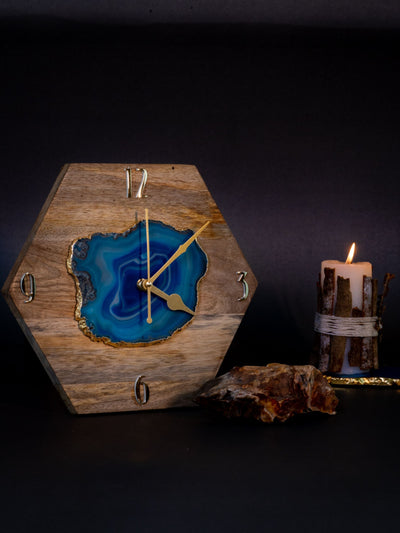 Agate Wall Clock - Blue Gemstone Gold Plated