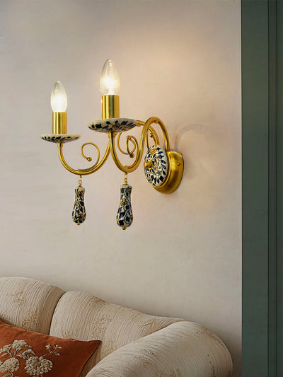 Blue Pottery Elegance: Handcrafted Floral Wall Sconce