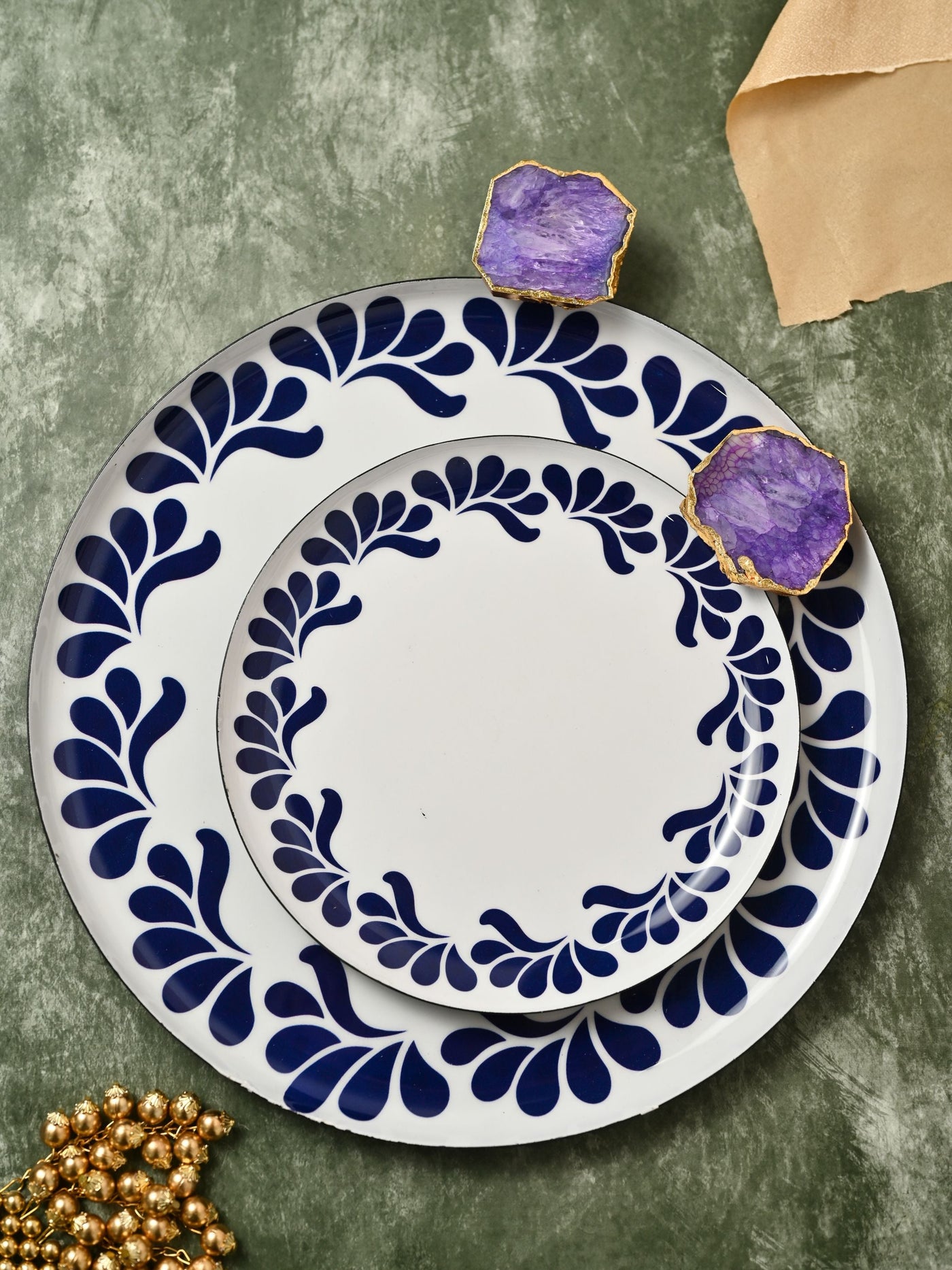 Metal Platter Set of 2 - Blue Pottery Print