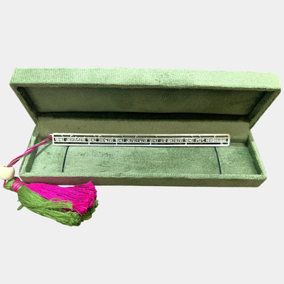 Silver bar pendant with Hindi script in green velvet box, Sabera jewelry product