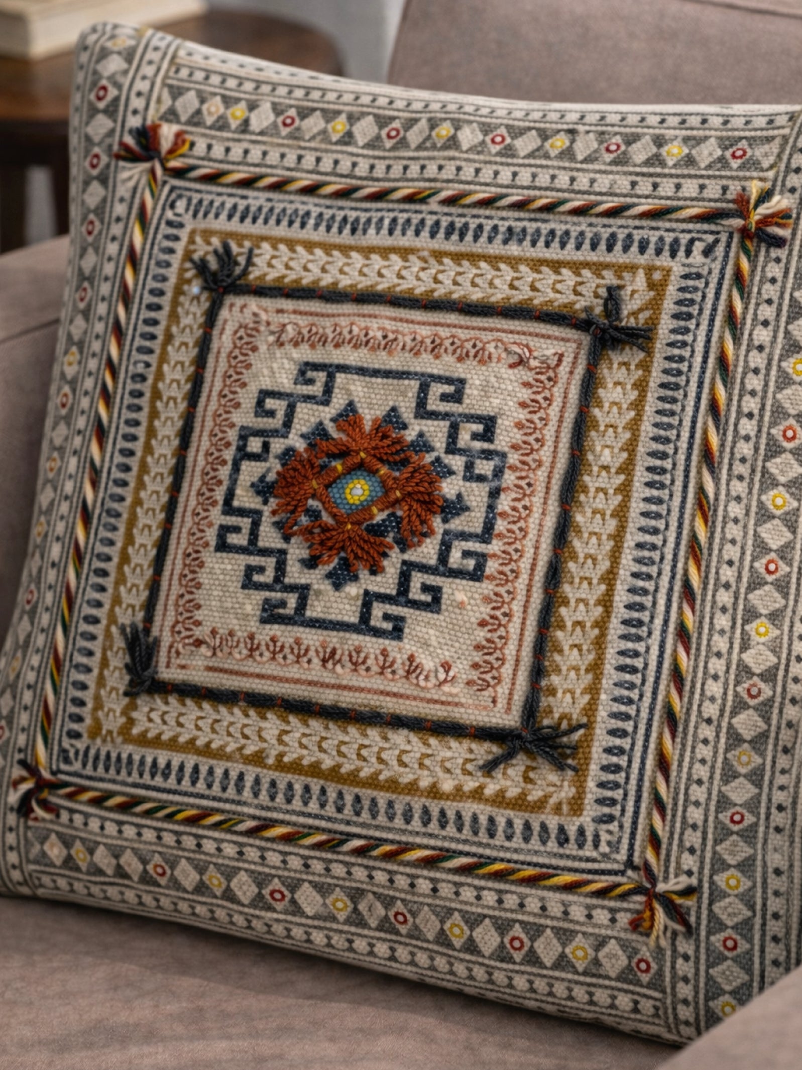 Rustic Floral Diamond Block Print Cushion