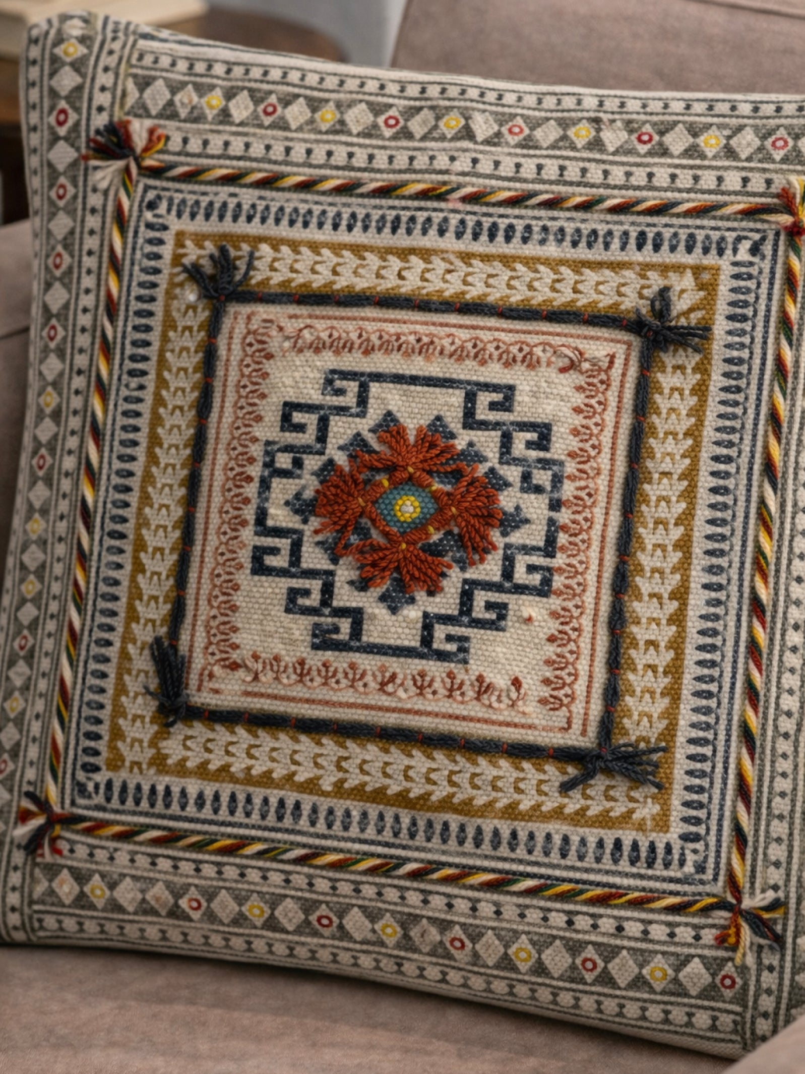 Rustic Floral Diamond Block Print Cushion
